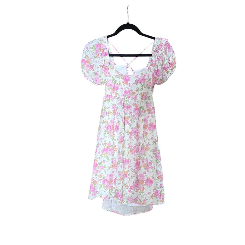 Altar’d State Floral Puff Sleeve Dress Women’s XS Ivory Pink Cottagecore NWT